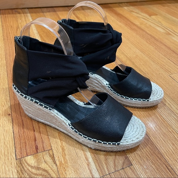 Eileen Fisher Women's 7.5 Black Wiley Leather Espadrille Wedge Sandals WORN ONCE - Picture 2 of 14
